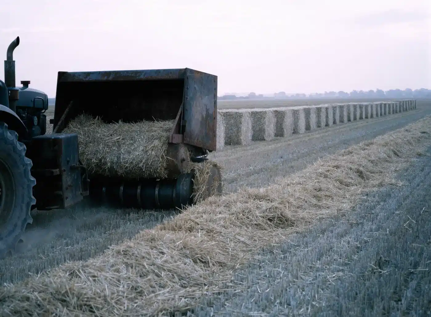 Прес-підбирач формує великі прямокутні тюки соломи на стерні