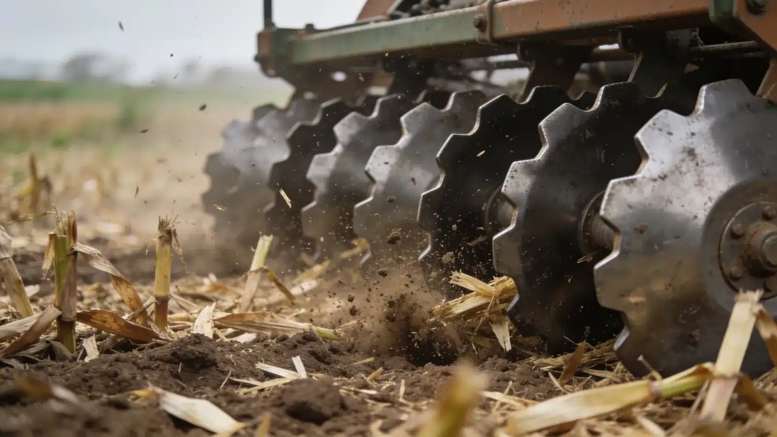 Harrow discs chop maize stalks