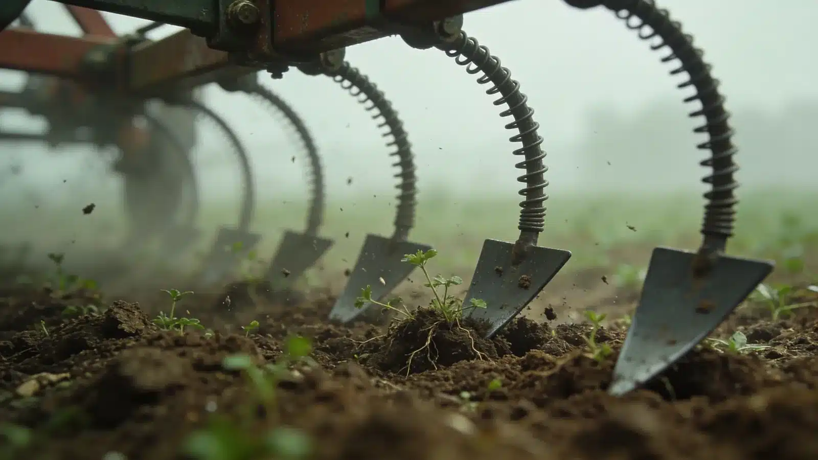 Cultivator sweeps cut weed seedlings