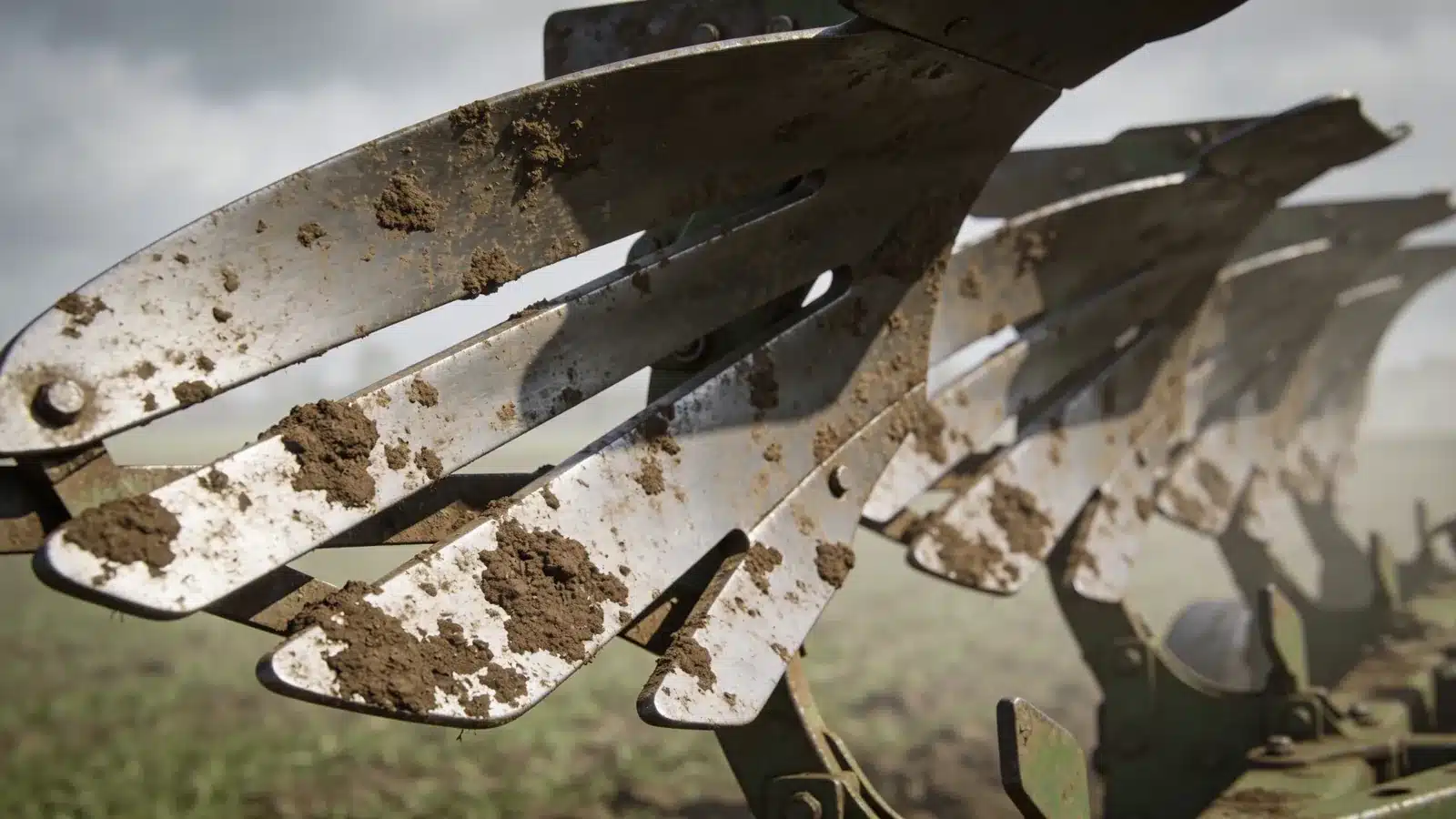 Close-up of reversible plough bodies with skimmers