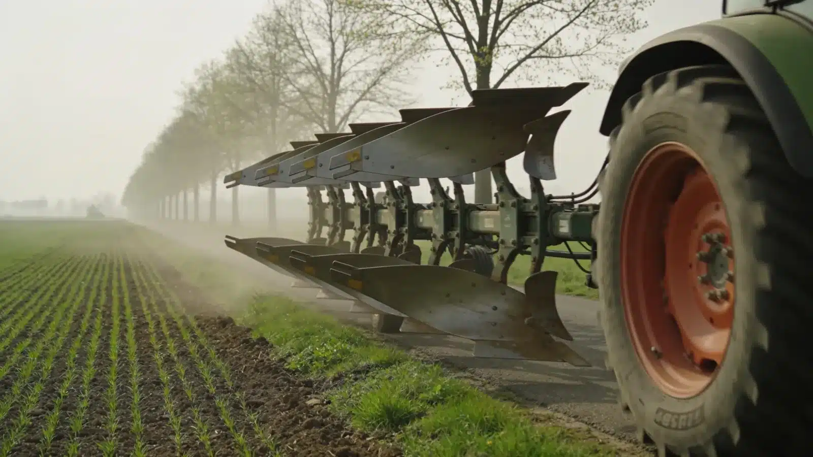 A mounted reversible plough in transport position next to a field