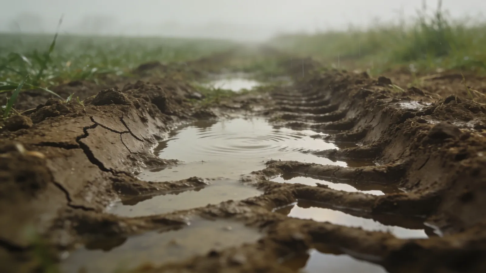 Water stands in a wheel rut on a compacted field after rain
